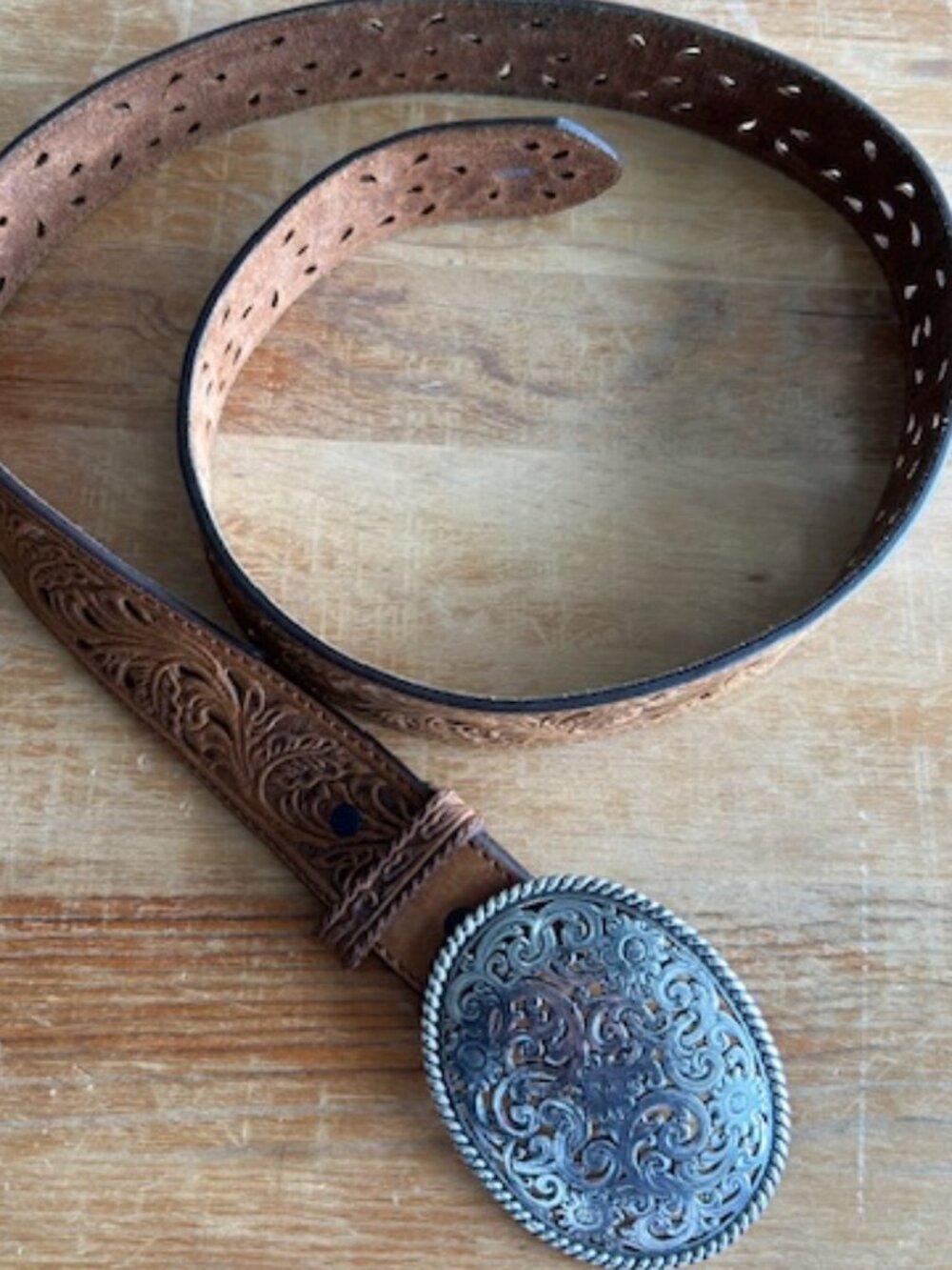 Tony Lama Bark Pierced Filigree Trophy Belt Tooled Leather C50029 Sz 38